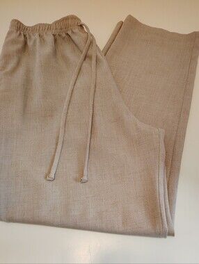 Vintage Jessica Scott Wide Leg Linen Blend Drawstring Pants Beige Large USA Made
